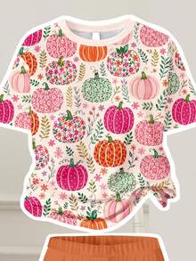 Calabaza Albaricoque Naranja, Estampado de Ilustración Floral de Calabaza Colorida y Pastoral Linda, Conjunto de Camiseta de Cuello Redondo Casual Minimalista y Pantalones Acampanados para Niña Preadolescente, Adecuado para Otoño/Invierno Diario, Granja, Halloween, Acción de Gracias, Vibras Acogedoras, Vibras de Otoño, Linda Temporada de Calabazas - Multicolor - Ver 5