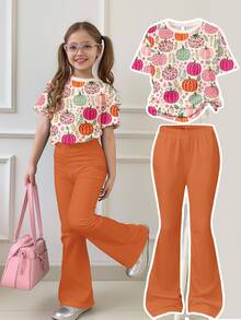 Calabaza Albaricoque Naranja, Estampado de Ilustración Floral de Calabaza Colorida y Pastoral Linda, Conjunto de Camiseta de Cuello Redondo Casual Minimalista y Pantalones Acampanados para Niña Preadolescente, Adecuado para Otoño/Invierno Diario, Granja, Halloween, Acción de Gracias, Vibras Acogedoras, Vibras de Otoño, Linda Temporada de Calabazas - Multicolor - Ver 3