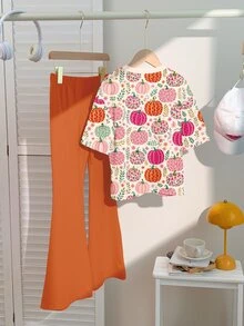 Calabaza Albaricoque Naranja, Estampado de Ilustración Floral de Calabaza Colorida y Pastoral Linda, Conjunto de Camiseta de Cuello Redondo Casual Minimalista y Pantalones Acampanados para Niña Preadolescente, Adecuado para Otoño/Invierno Diario, Granja, Halloween, Acción de Gracias, Vibras Acogedoras, Vibras de Otoño, Linda Temporada de Calabazas - Multicolor - Ver 2