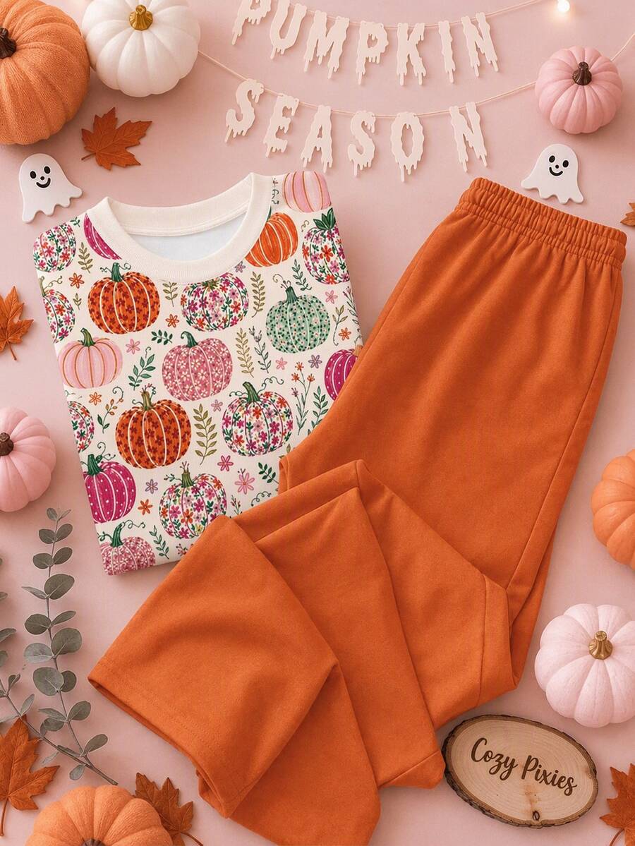 Calabaza Albaricoque Naranja, Estampado de Ilustración Floral de Calabaza Colorida y Pastoral Linda, Conjunto de Camiseta de Cuello Redondo Casual Minimalista y Pantalones Acampanados para Niña Preadolescente, Adecuado para Otoño/Invierno Diario, Granja, Halloween, Acción de Gracias, Vibras Acogedoras, Vibras de Otoño, Linda Temporada de Calabazas - Multicolor - Ver 1