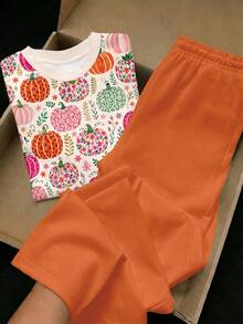 Calabaza Albaricoque Naranja, Estampado de Ilustración Floral de Calabaza Colorida y Pastoral Linda, Conjunto de Camiseta de Cuello Redondo Casual Minimalista y Pantalones Acampanados para Niña Preadolescente, Adecuado para Otoño/Invierno Diario, Granja, Halloween, Acción de Gracias, Vibras Acogedoras, Vibras de Otoño, Linda Temporada de Calabazas - Multicolor - Ver 7