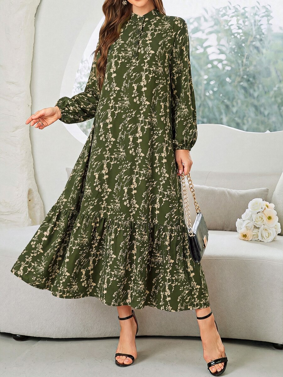 Al Najma 女款花卉印花阿拉伯風洋裝 - 軍綠色 - 查看 1