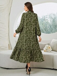 Al Najma 女款花卉印花阿拉伯風洋裝 - 軍綠色 - 查看 2