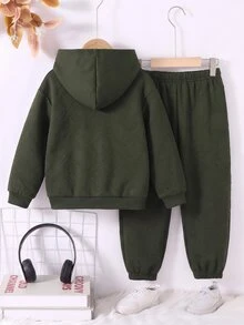 小男孩 2 件組提花連帽衛衣與工裝褲套裝 刷毛內裡保暖軍綠色運動衫 翻蓋口袋慢跑褲 冬季兒童套裝 - 綠色 - 查看 3