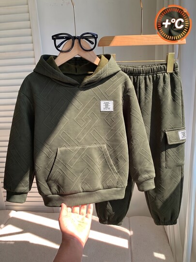 2 Potong Setelan Pakaian Kasual Anak Laki-Laki, Hoodie Bulu Hangat dan Celana Olahraga Pinggang Elastis, Setelan Lengan Panjang Nyaman untuk Musim Gugur dan Musim Dingin, Cocok untuk Pakaian Sehari-hari, Luar Ruangan, dan Olahraga, Setelan Anak Laki-Laki