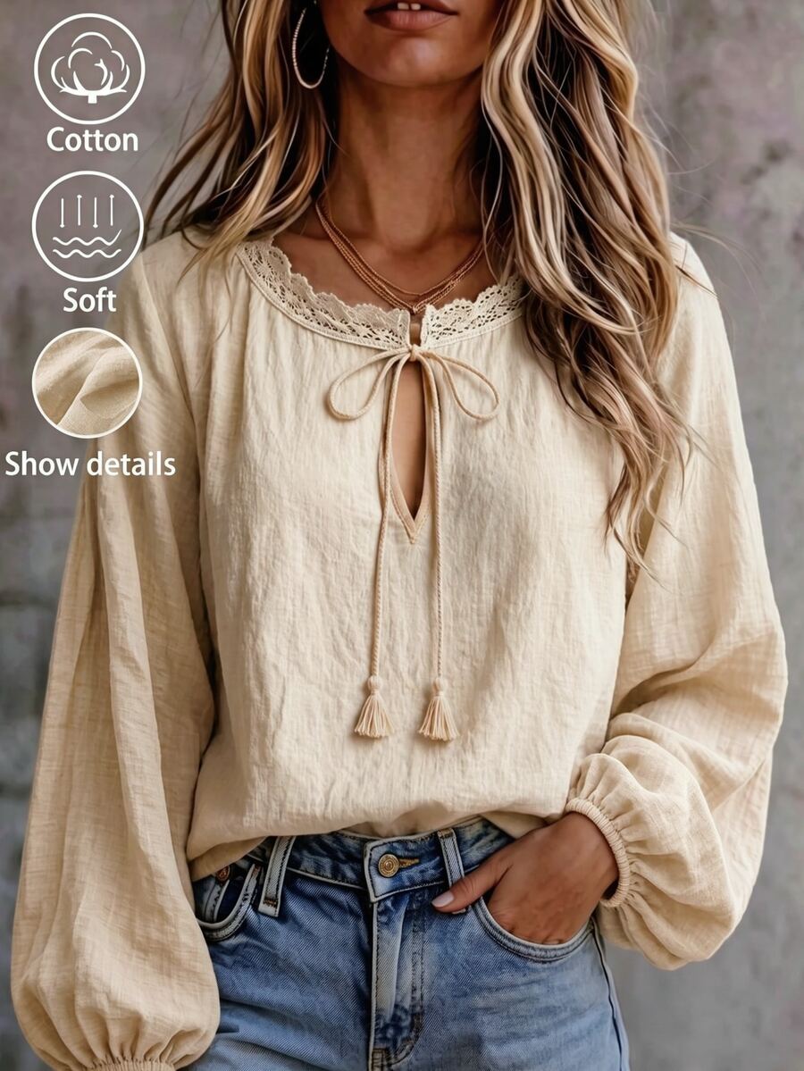 LUMIGAL Women's Solid Color Contrast Lace Tie Collar Long Sleeve Blouse - Apricot - View 1