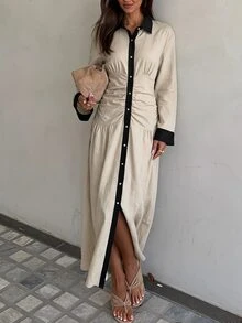 Siren Gaze 女款拼色拼接前扣長洋裝，黑色與米色，適合教師節、早午餐、茶會、辦公室，秋季專業法式優雅風 - 彩色 - 查看 3