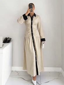 Siren Gaze 女款拼色拼接前扣長洋裝，黑色與米色，適合教師節、早午餐、茶會、辦公室，秋季專業法式優雅風 - 彩色 - 查看 7