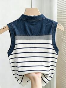 SHEIN 女款海軍藍與白色 Polo 領休閒百搭背心上衣，適合學校夏季穿著 - 彩色 - 查看 2