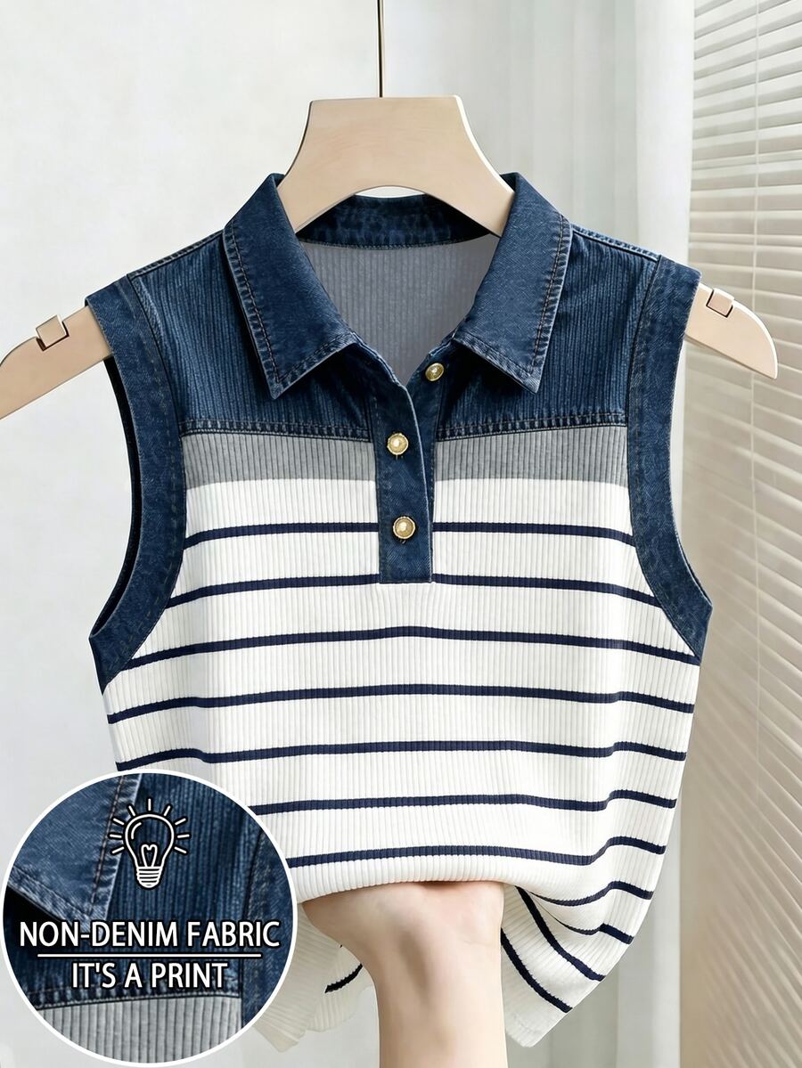 SHEIN 女款海軍藍與白色 Polo 領休閒百搭背心上衣,適合學校夏季穿著 - 彩色 - 查看 1
