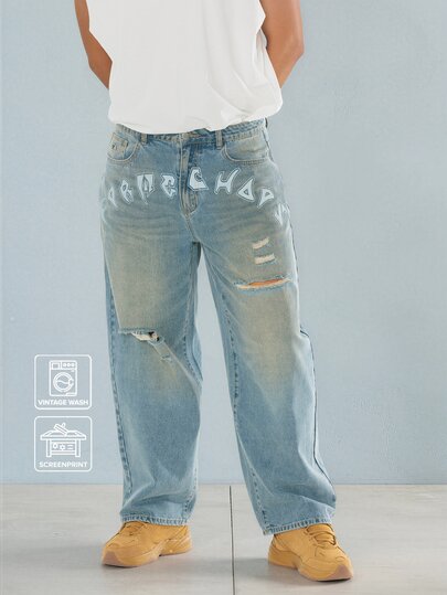 FORM&CHAOS Men's Letter Print Pocket Distressed Wide Leg Casual Denim Jeans