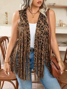Weeklong Áo khoác vest nữ size lớn họa tiết da báo, vạt tua rua, thiết kế mở trước - Nhiều màu - Xem 3