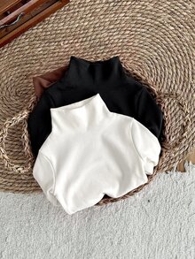 SHEIN 嬰兒女嬰男嬰黑白配色柔軟彈性高領厚刷毛修身長袖內搭衫，2件組，適合冬季 - 黑與白 - 查看 6