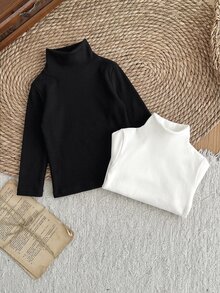 SHEIN 嬰兒女嬰男嬰黑白配色柔軟彈性高領厚刷毛修身長袖內搭衫，2件組，適合冬季 - 黑與白 - 查看 2
