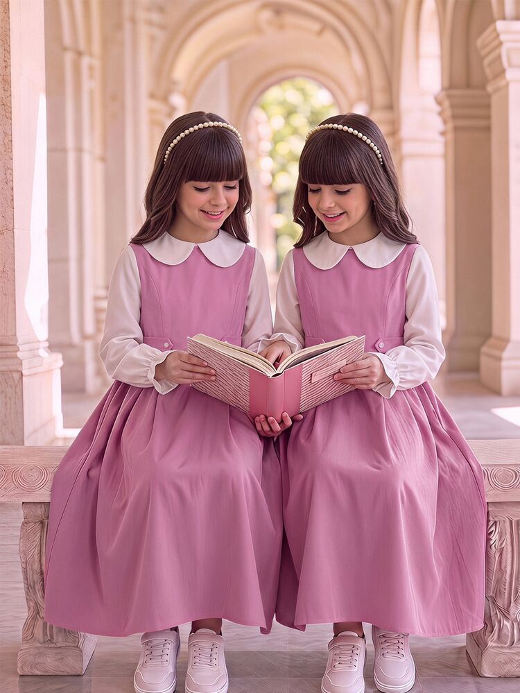 SHEIN Tween Girl Colorblock Peter Pan Collar Long Sleeve Dress, School Uniform/Church Dress, Back To School - Pink - View 6