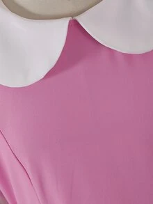 SHEIN 青少年女孩秋季拼色彼得潘領長袖洋裝，校服/教堂禮拜裙，返校穿搭 - 粉色 - 查看 5