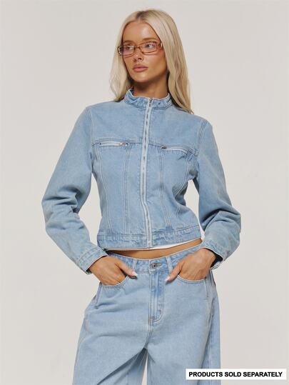 MUSERA Blue Denim Zip Up Detail High Neck Jacket Winter Casual Day Comfy Outfit Cool  Blue Womens Jacket