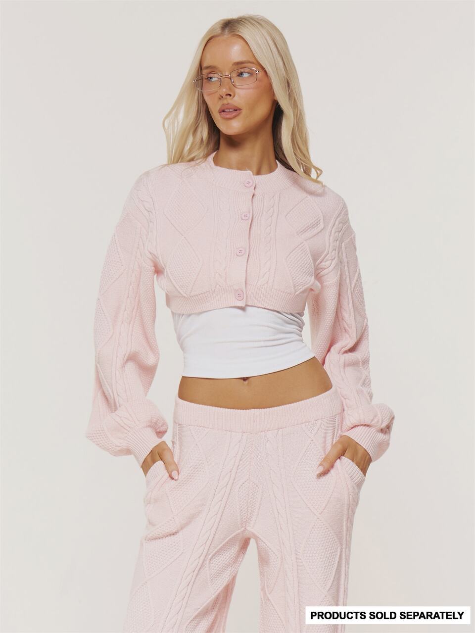 Pink Knitted Cropped Long Sleeve Button Detail Top