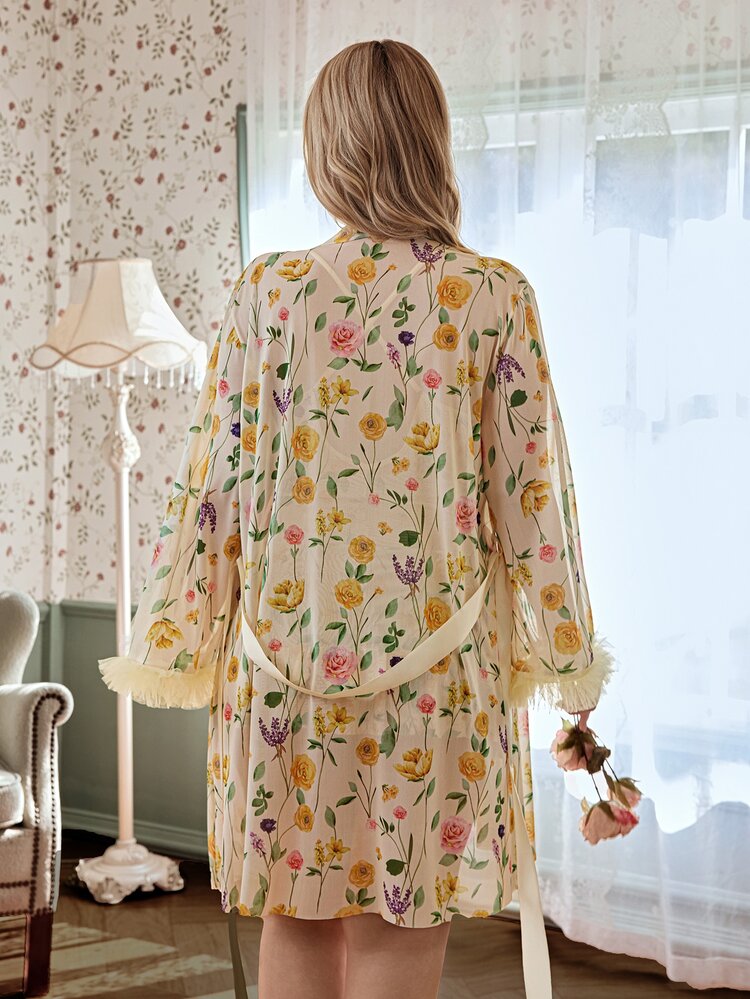 CottageSlumber 2pcs/Set Women Plus Size Mesh Decor Long Sleeve Multicolor Rose Print Mesh Robe + Multicolor Rose Print Mesh Criss-Cross Strap Backless Sexy Slip Dress - Multicolor - View 2