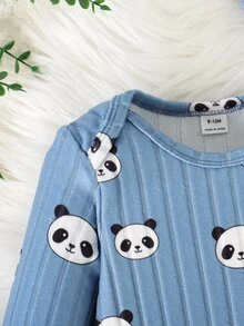 SHEIN 嬰兒熊貓圖案羅紋連身衣，柔軟秋冬新生兒可愛連身衣套裝，洗禮藍色與白色，可愛日系風 - 藍色 - 查看 5