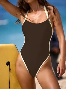Swim SPRTY 新款夏季女士露背交叉绑带撞色滚边黑色性感度假连体泳衣 - 棕色 - 查看 3
