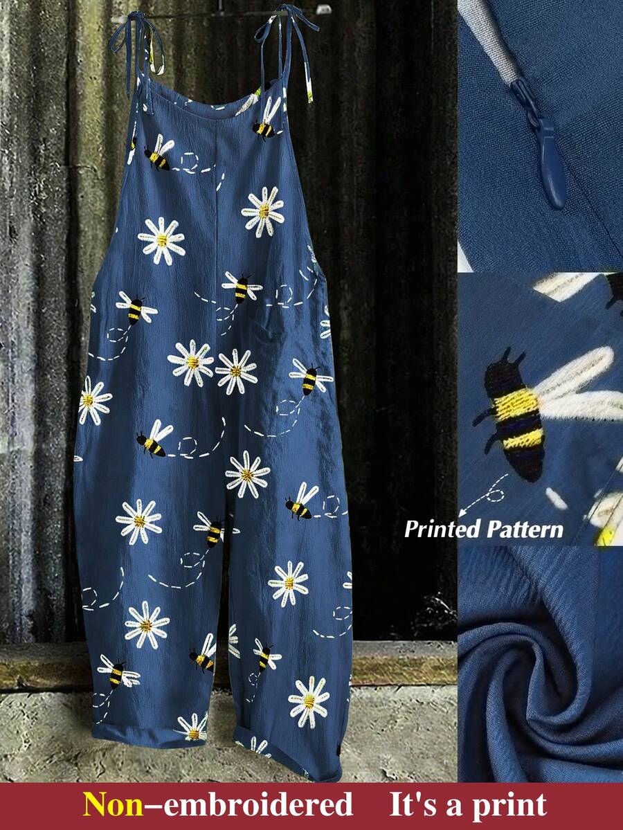 Linhara Plus Size Women Casual Printed Jumpsuit Fall - Navy Blue - View 1