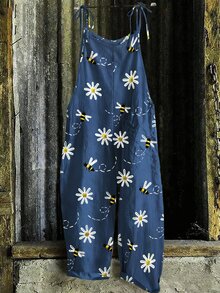Linhara Plus Size Women Casual Printed Jumpsuit Fall - Navy Blue - View 4