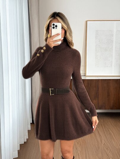 Easowa Stand Collar Waist-Cinching A-Line Sweater Dress, Casual Relaxed Elegant Commuter Old Money Style, Autumn/Winter Women's Date Work Dark Brown