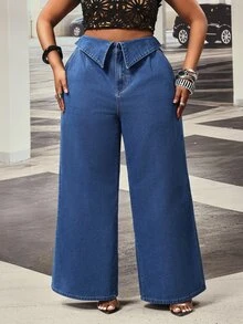 Slaydiva Celana Panjang Denim Biru Tua Model Lebar dengan Lipatan Pinggang Khusus untuk Semua Musim, Cocok untuk Aktivitas Luar Ruangan Ukuran Plus. - Dark Wash - View 5