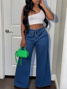 Slaydiva Celana Panjang Denim Biru Tua Model Lebar dengan Lipatan Pinggang Khusus untuk Semua Musim, Cocok untuk Aktivitas Luar Ruangan Ukuran Plus. - Dark Wash - View 8
