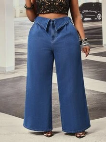 Slaydiva Celana Panjang Denim Biru Tua Model Lebar dengan Lipatan Pinggang Khusus untuk Semua Musim, Cocok untuk Aktivitas Luar Ruangan Ukuran Plus. - Dark Wash - View 4