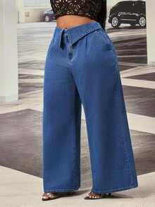 Slaydiva Celana Panjang Denim Biru Tua Model Lebar dengan Lipatan Pinggang Khusus untuk Semua Musim, Cocok untuk Aktivitas Luar Ruangan Ukuran Plus. - Dark Wash - View 3