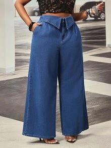 Slaydiva Celana Panjang Denim Biru Tua Model Lebar dengan Lipatan Pinggang Khusus untuk Semua Musim, Cocok untuk Aktivitas Luar Ruangan Ukuran Plus. - Dark Wash - View 6