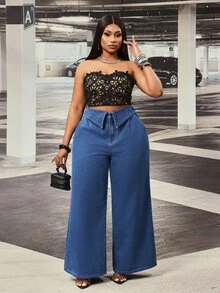 Slaydiva Celana Panjang Denim Biru Tua Model Lebar dengan Lipatan Pinggang Khusus untuk Semua Musim, Cocok untuk Aktivitas Luar Ruangan Ukuran Plus. - Dark Wash - View 7