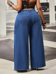Slaydiva Celana Panjang Denim Biru Tua Model Lebar dengan Lipatan Pinggang Khusus untuk Semua Musim, Cocok untuk Aktivitas Luar Ruangan Ukuran Plus. - Dark Wash - View 2