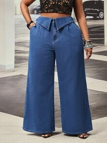 Slaydiva Celana Panjang Denim Biru Tua Model Lebar dengan Lipatan Pinggang Khusus untuk Semua Musim, Cocok untuk Aktivitas Luar Ruangan Ukuran Plus. - Dark Wash - View 9