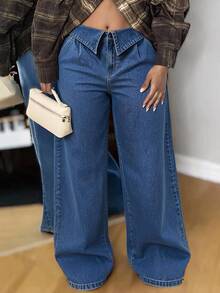 Slaydiva Celana Panjang Denim Biru Tua Model Lebar dengan Lipatan Pinggang Khusus untuk Semua Musim, Cocok untuk Aktivitas Luar Ruangan Ukuran Plus. - Dark Wash - View 1