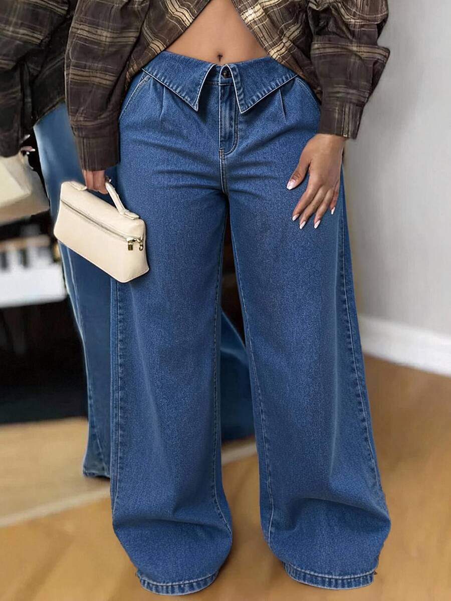 Slaydiva Celana Panjang Denim Biru Tua Model Lebar dengan Lipatan Pinggang Khusus untuk Semua Musim, Cocok untuk Aktivitas Luar Ruangan Ukuran Plus. - Dark Wash - View 1
