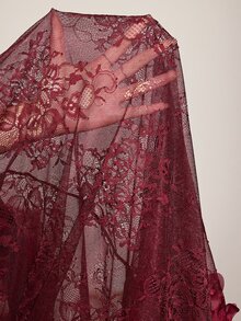 Slumberist Women's Sexy 3D Floral Decor Lace Plus Size Robe + Fishbone Waist Design Lace Cami Slip Dress 2-Piece Set - Maroon - View 6