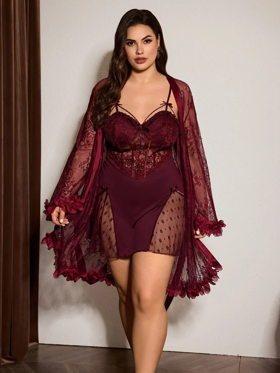Slumberist Women's Sexy 3D Floral Decor Lace Plus Size Robe + Fishbone Waist Design Lace Cami Slip Dress 2-Piece Set - Maroon - View 1