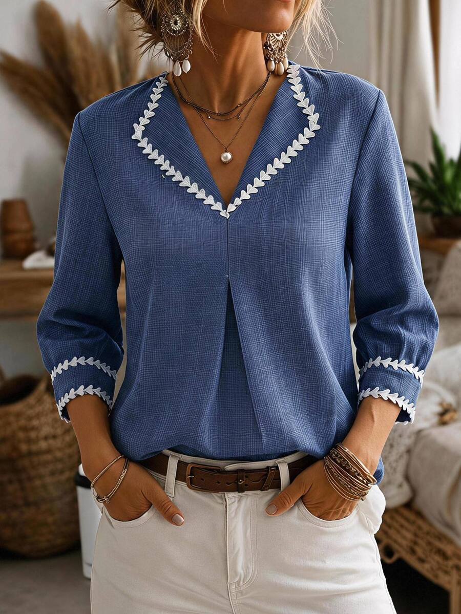 SHEIN LUNE Casual Elegant Blouses Women's Autumn/Winter Commute Office Blue And White Striped Shirt Teachers' Day Work Outfits For Women Fall Clothes For Women - Blue - View 1