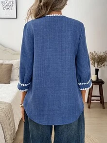SHEIN LUNE Casual Elegant Blouses Women's Autumn/Winter Commute Office Blue And White Striped Shirt Teachers' Day Work Outfits For Women Fall Clothes For Women - Blue - View 3
