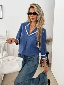 SHEIN LUNE Casual Elegant Blouses Women's Autumn/Winter Commute Office Blue And White Striped Shirt Teachers' Day Work Outfits For Women Fall Clothes For Women - Blue - View 6
