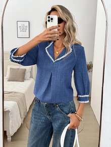 SHEIN LUNE Casual Elegant Blouses Women's Autumn/Winter Commute Office Blue And White Striped Shirt Teachers' Day Work Outfits For Women Fall Clothes For Women - Blue - View 7