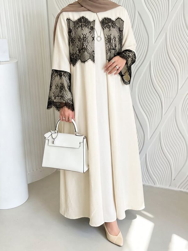 Al Najma Apricot Loose Long Sleeve Pleated Embroidered Patchwork Dress For Daily Wear