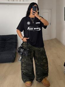 Coolane 男女大尺碼夏秋街頭風健身賽事運動棉質字母印花拼色黑色短袖寬鬆球衣T恤 - 黑色 - 查看 2