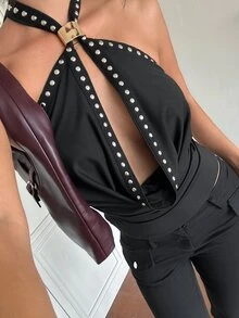 Aloruh Women's Sexy Black And Silver Halter Neck Tank Top With Rivet Metal Buckle Decor, Hollow Design, Deep V Slim Fit, Retro Chic Club Night Out Summer - Black - View 8