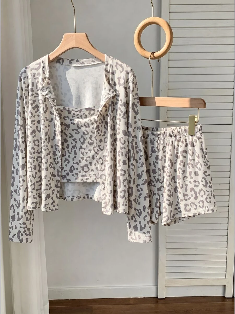 女童 3 件套彈性針織數位印花豹紋休閒日常居家季節性套裝，開襟開襟開衫搭配修身細肩帶背心與短褲 S - 彩色 - 查看 1