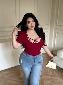 Vibekara Valentines Plus Size Fashionable Spring/Summer Lace-Up Sexy Minimalist T-Shirt - Burgundy - View 1