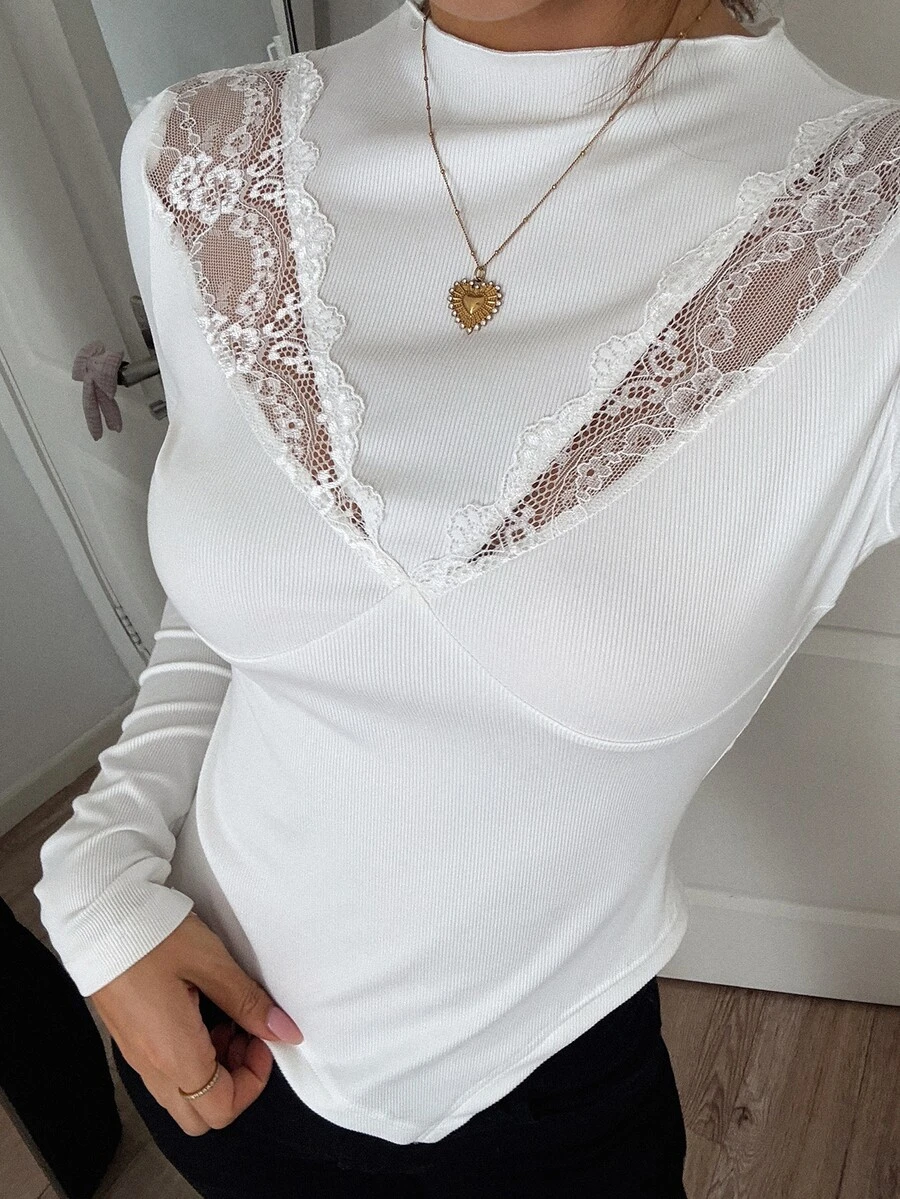 DAZY 女款秋季保暖內裡修身高領套頭T恤 - 白色 - 查看 1